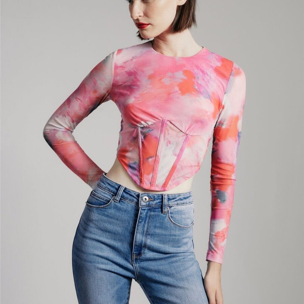 Bardot Pink Watercolor Mesh Corset Crop Top - Picture 3 of 9